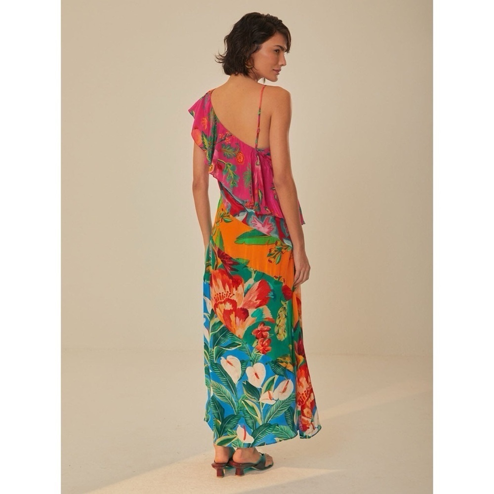 Farm Rio Mixed Flowery Ruffle One Shoulder Midi Dress Tropical Floral Medium - Picture 6 of 17